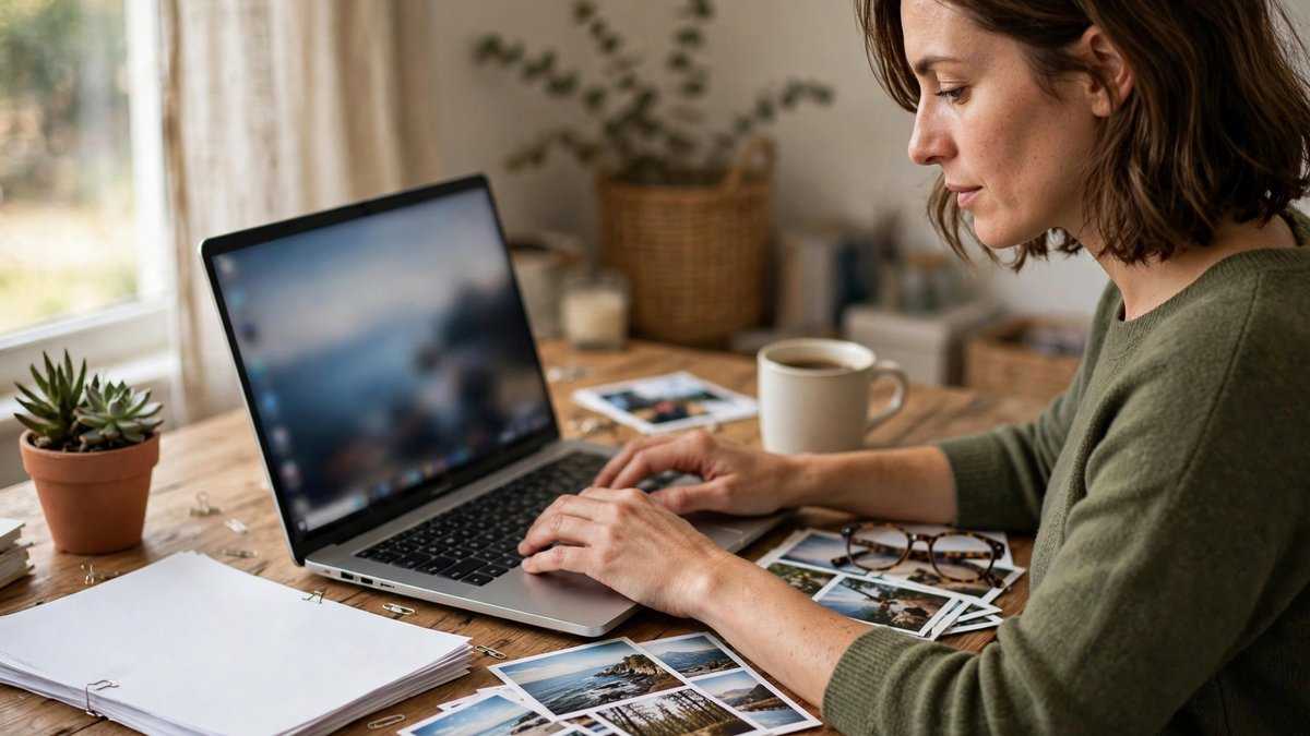 A woman typing at a laptop in a home office with printed photographs and a stack of blank documents on the desk beside her