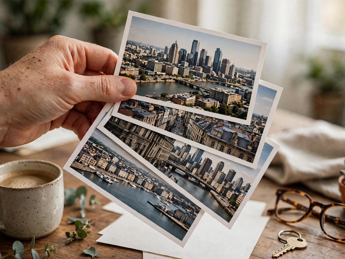 A hand holding several printed cityscape photographs above a desk with a coffee mug and glasses