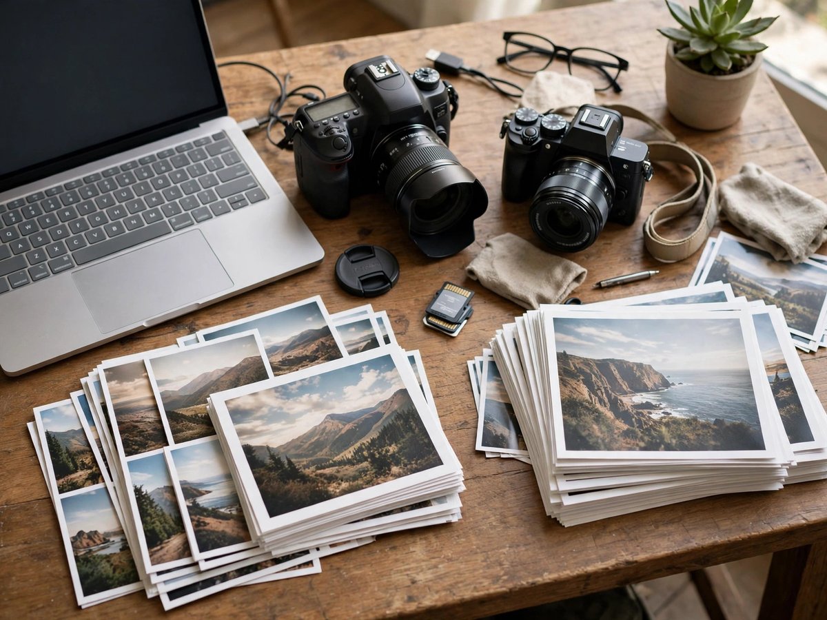 A work desk with a laptop, two cameras, and printed landscape photographs arranged in two groups
