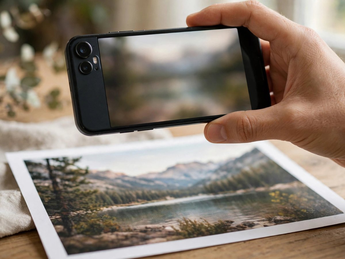 A hand holding a smartphone with a blurred screen over a printed mountain lake photograph on a desk