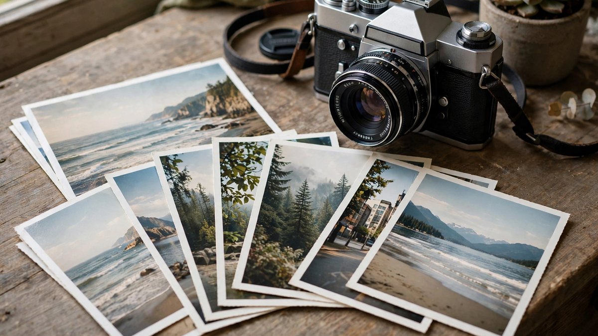 Printed landscape photographs fanned out on a wooden desk in front of a vintage film camera