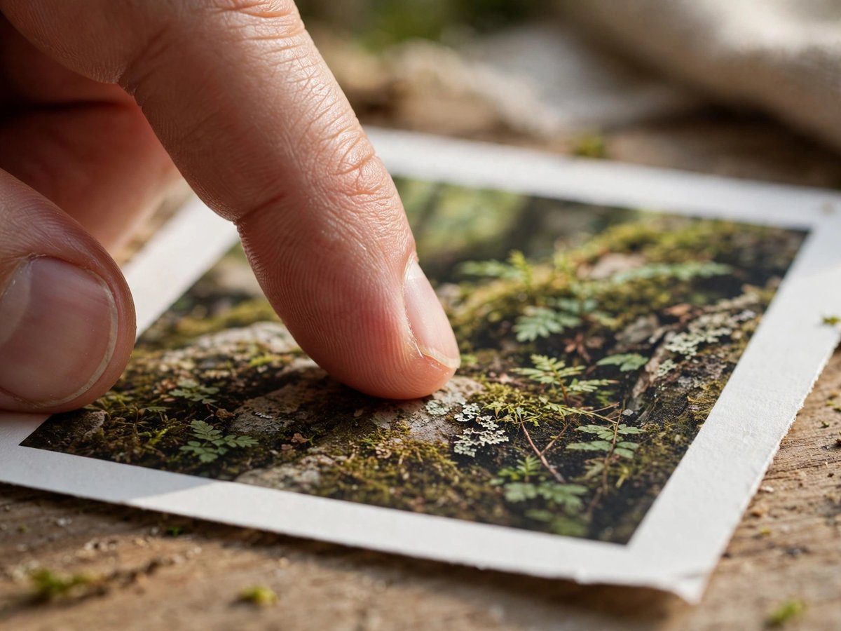 A fingertip touching fine moss and foliage detail on a sharp printed photograph
