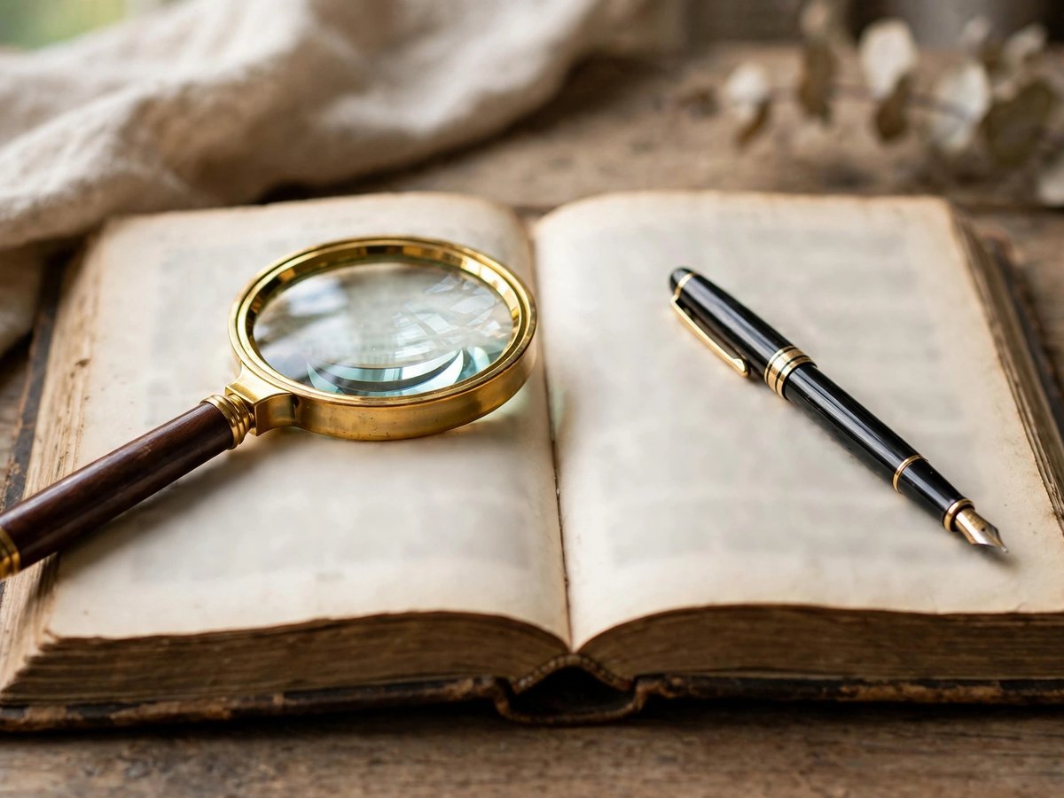 A magnifying glass and fountain pen resting on an open old book with soft-focus, unreadable pages