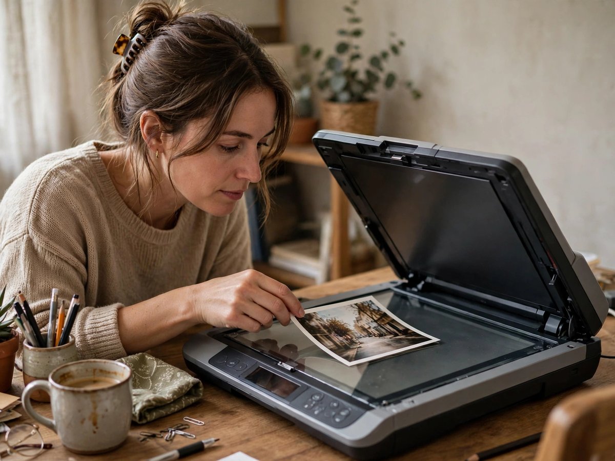 A woman at her desk carefully placing a printed photograph on the glass of an open flatbed scanner