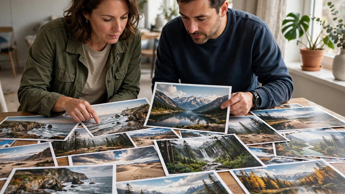Two people examining large landscape photographs spread across a table in bright window light