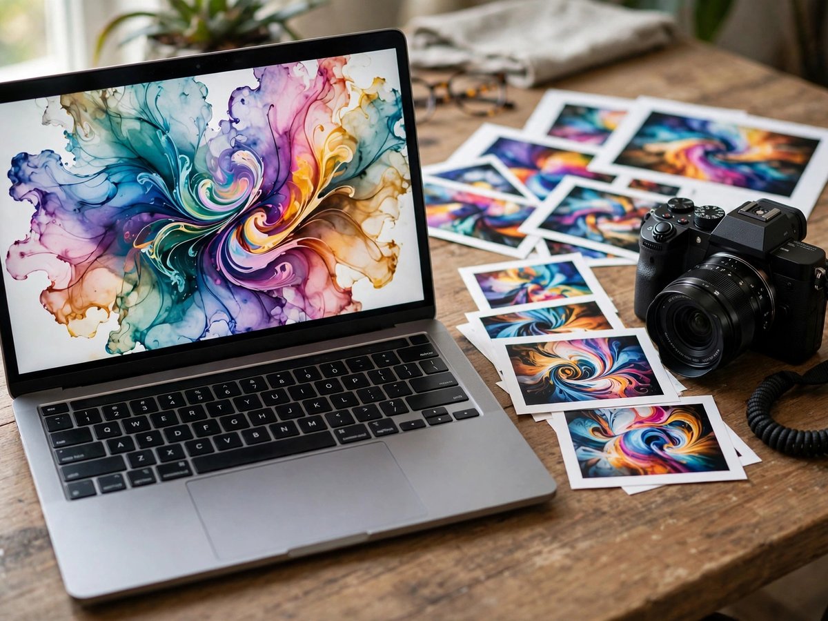 Laptop showing swirling colorful artwork beside a camera and matching printed proofs on a wooden desk