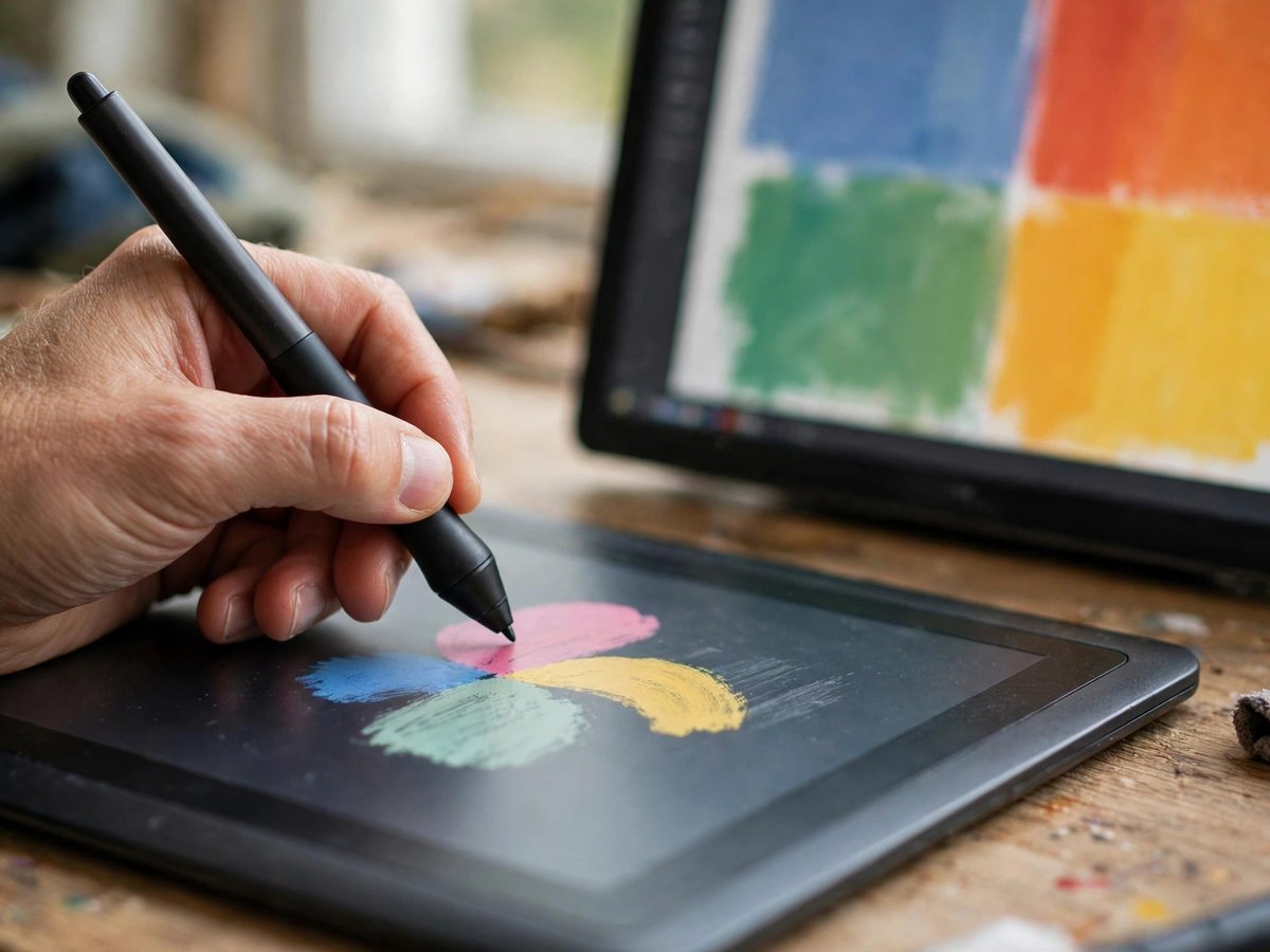 Close-up of a hand using a stylus to draw colorful shapes on a graphics tablet beside a monitor with abstract color blocks