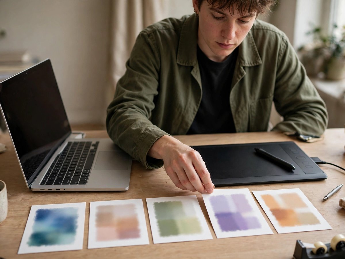Designer arranging printed cards with abstract blurred color blocks in a neat row beside a laptop and graphics tablet