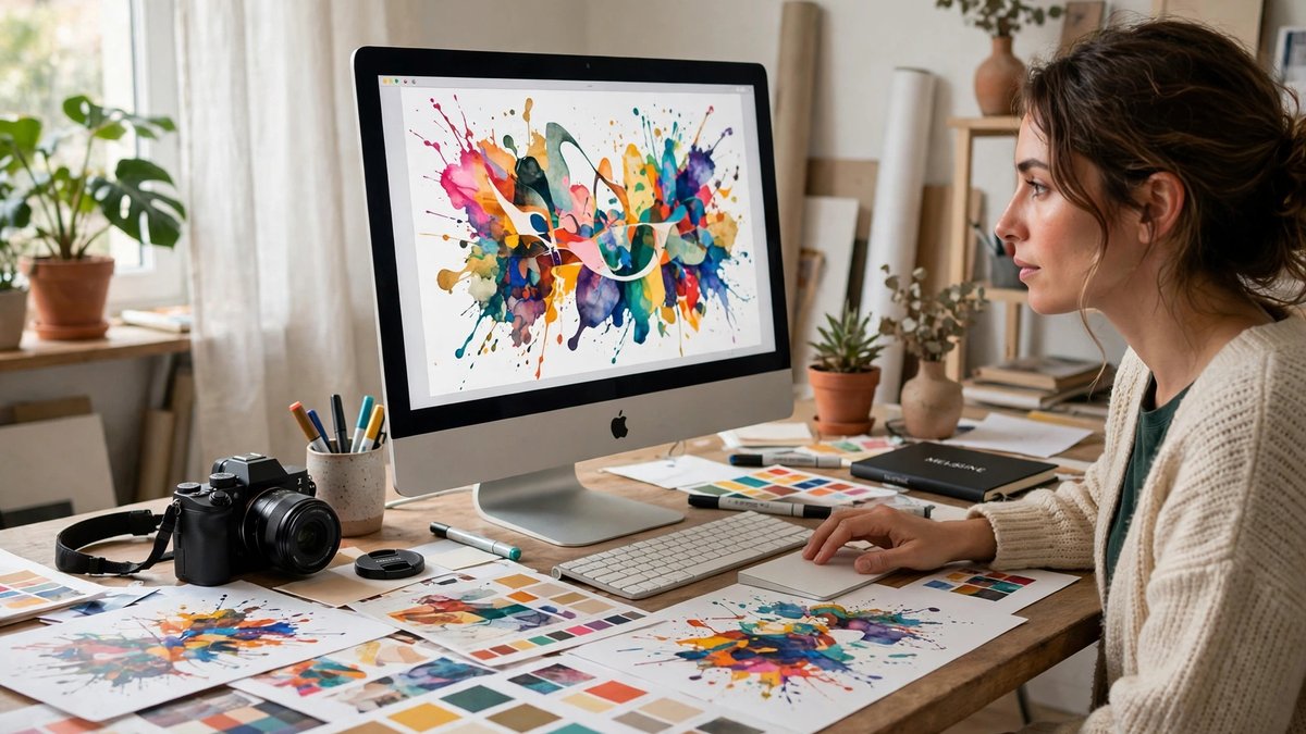 Graphic designer at an iMac in a bright studio surrounded by colorful printed proofs and a camera on the desk