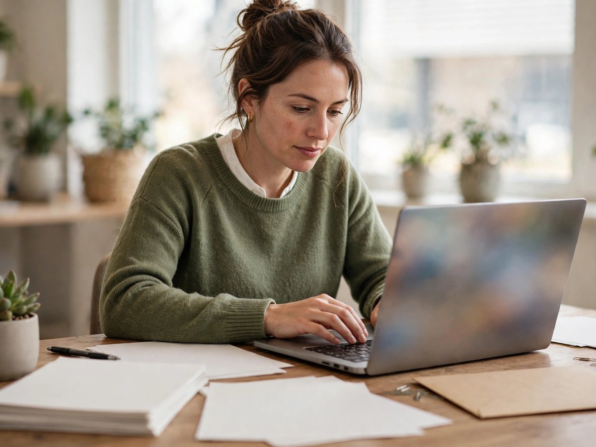 A woman typing on a laptop in a bright office with printed pages and a plain envelope on her desk