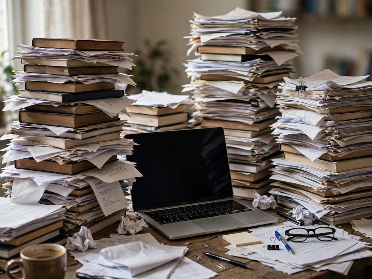 A laptop on a desk surrounded by unusually tall stacks of books and papers