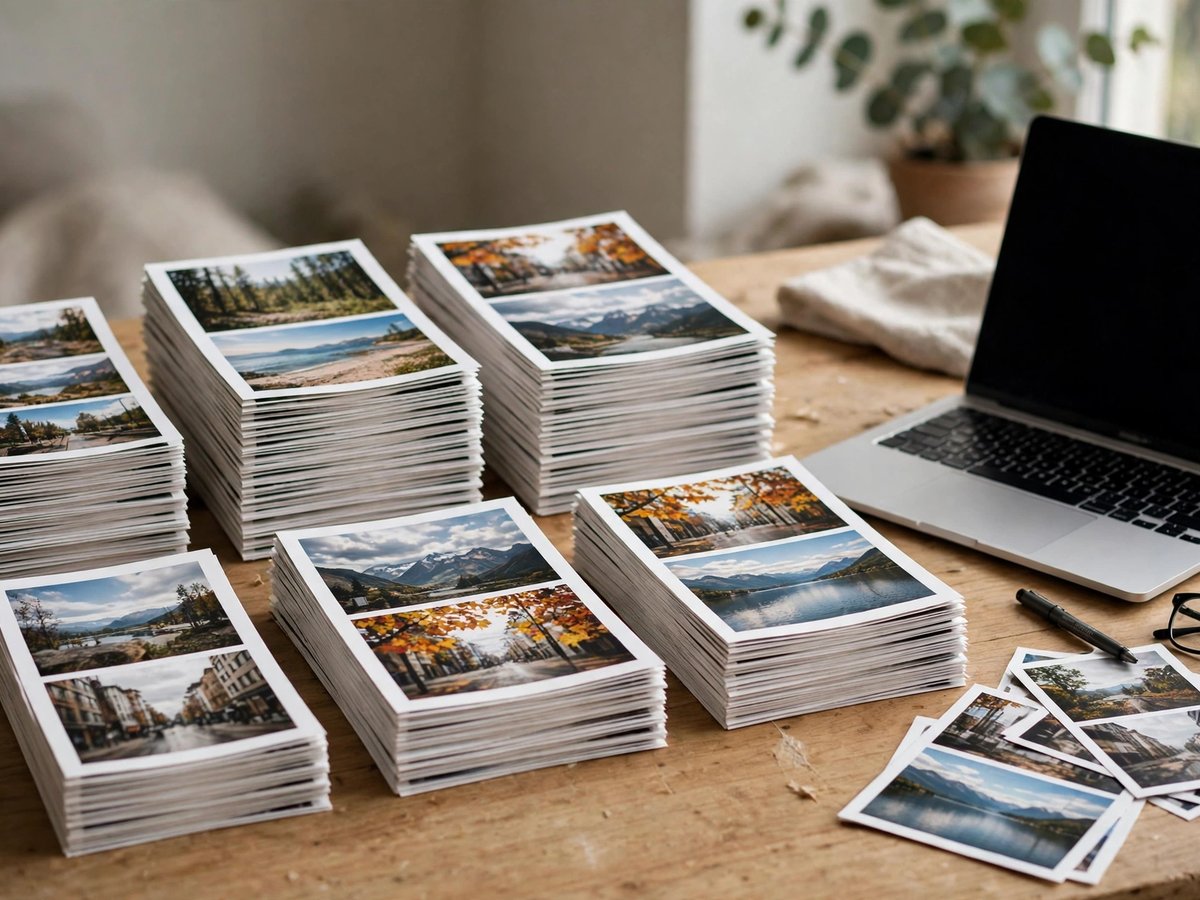 Several separate neat stacks of printed photo sheets divided into smaller groups on a desk beside a laptop