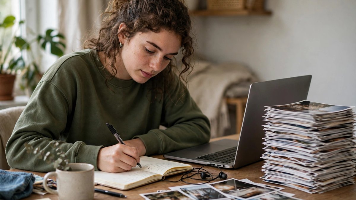 A person writing in a notebook at a desk beside a laptop and a tall stack of printed photographs