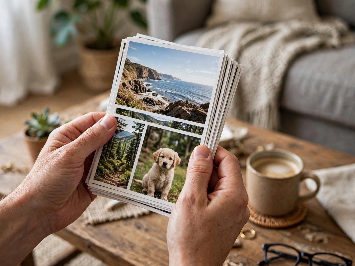 Hands holding a neat stack of printed photos above a wooden coffee table with a coffee mug