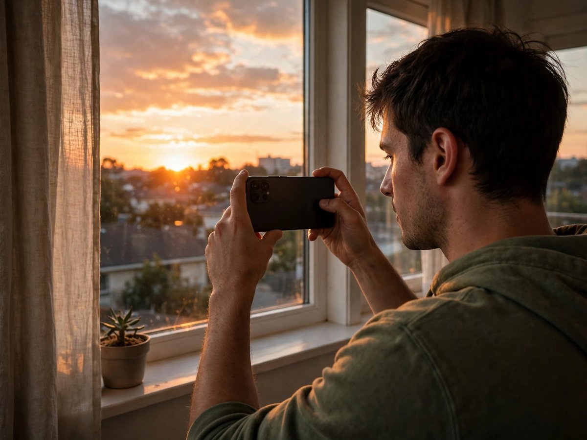 A person holding a smartphone horizontally to photograph a sunset through a window