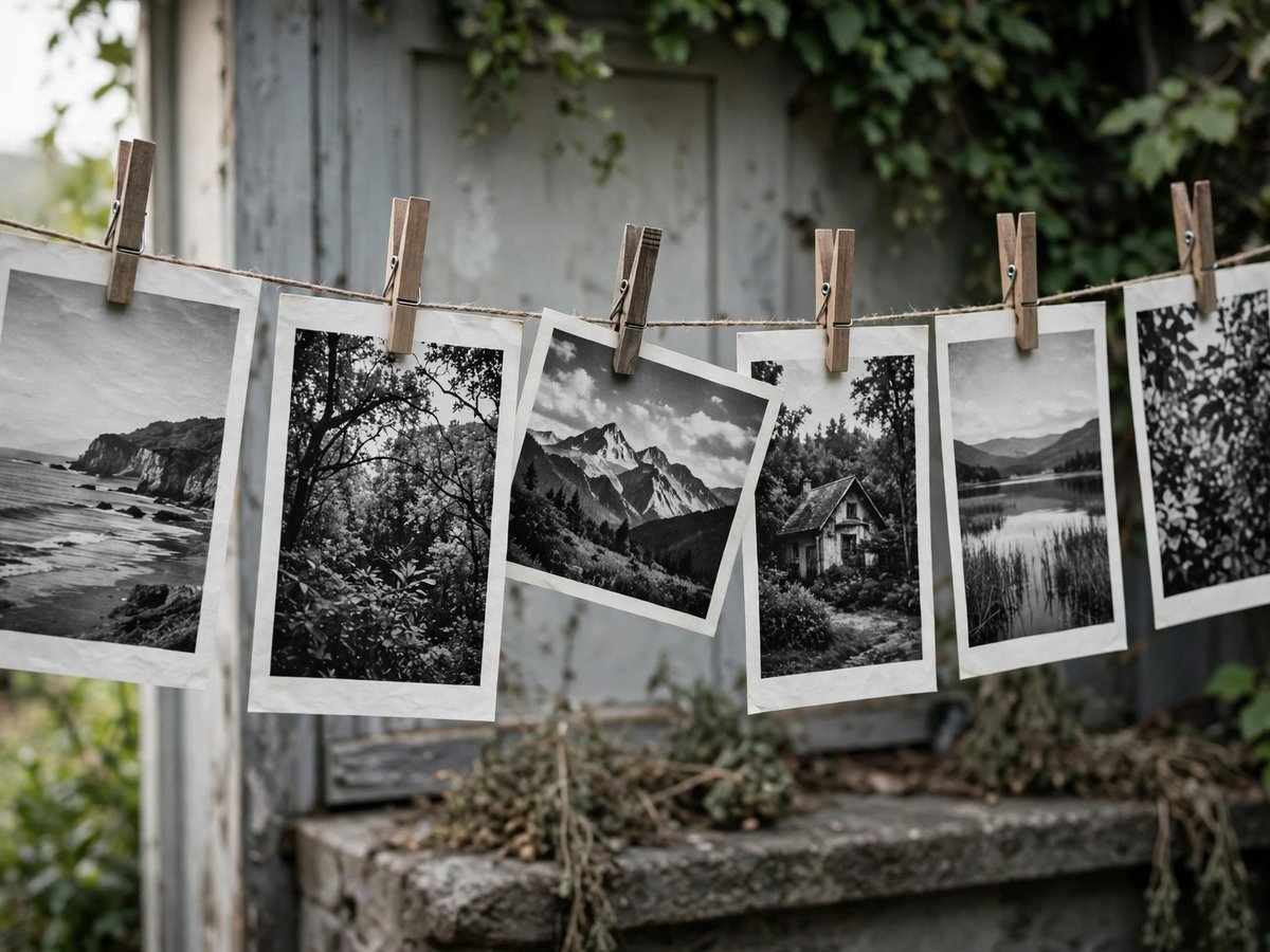 Black-and-white photo prints clipped to a line outdoors, with one print tilted sideways among upright prints