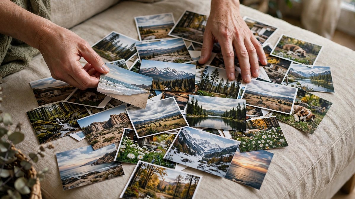 Hands sorting through landscape printed photographs spread across a beige sofa