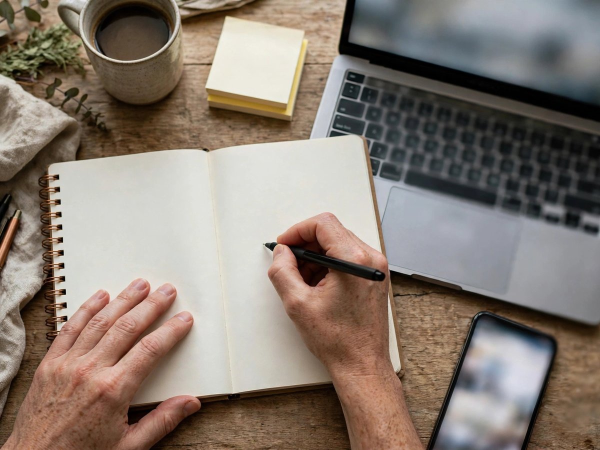 Overhead view of hands writing in a blank notebook beside a laptop and smartphone with blurred screens on a desk