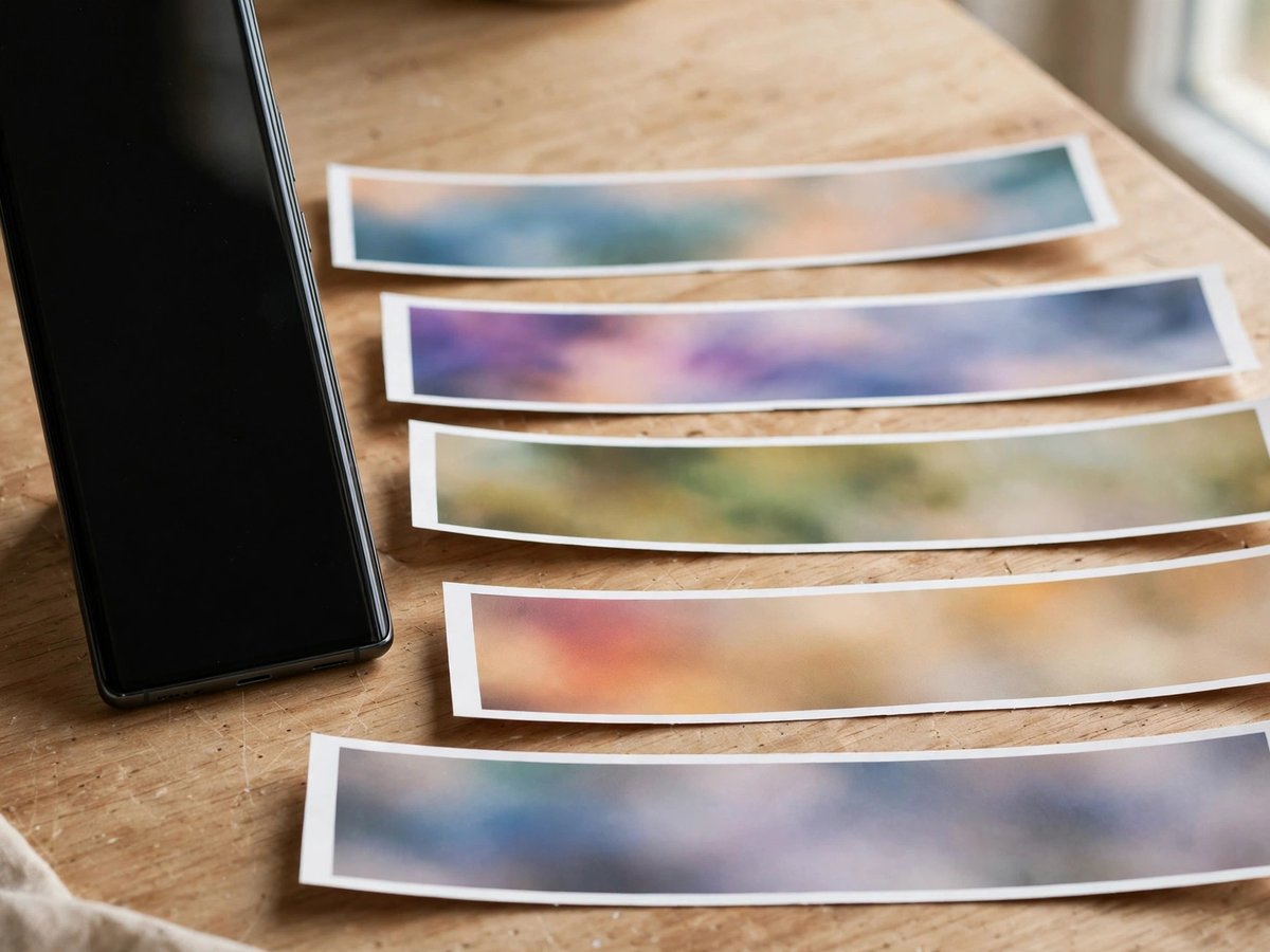 Tall smartphone beside several long narrow printed screenshot strips with abstract blurred colors on a wooden desk