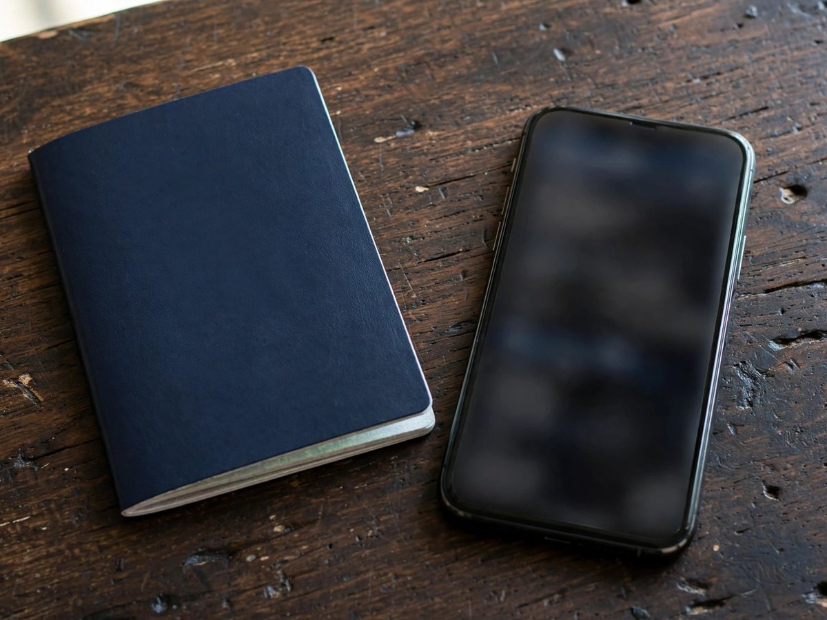 Featureless dark passport booklet and a smartphone with a completely blurred screen lying on a dark wooden desk