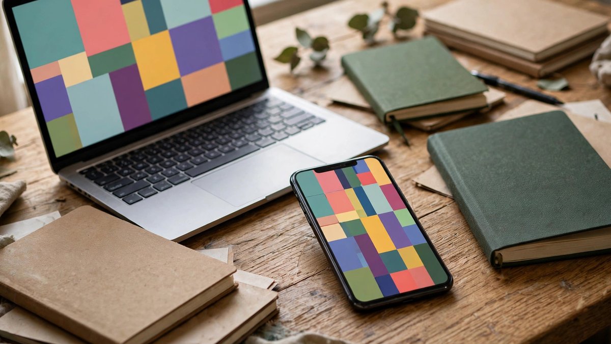 Laptop and smartphone on a wooden desk surrounded by notebooks, both screens filled with abstract colorful rectangles