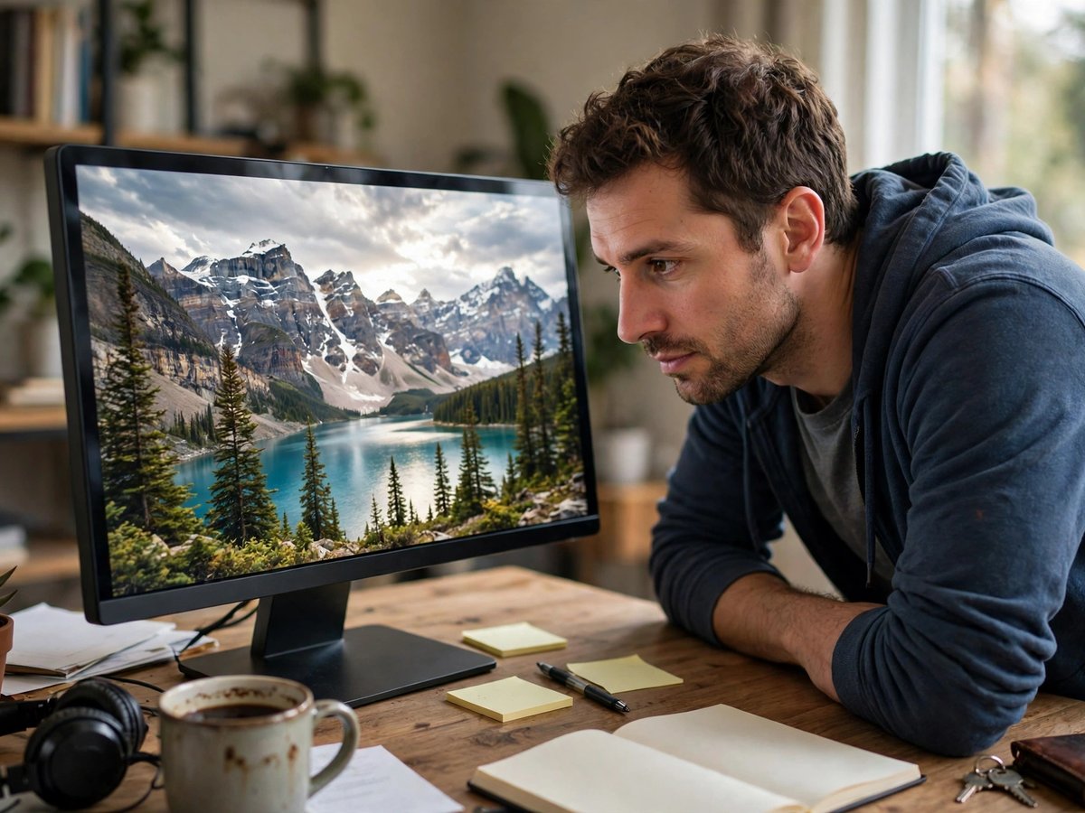 Man leaning over a desk closely examining a large mountain and lake landscape photo on his monitor