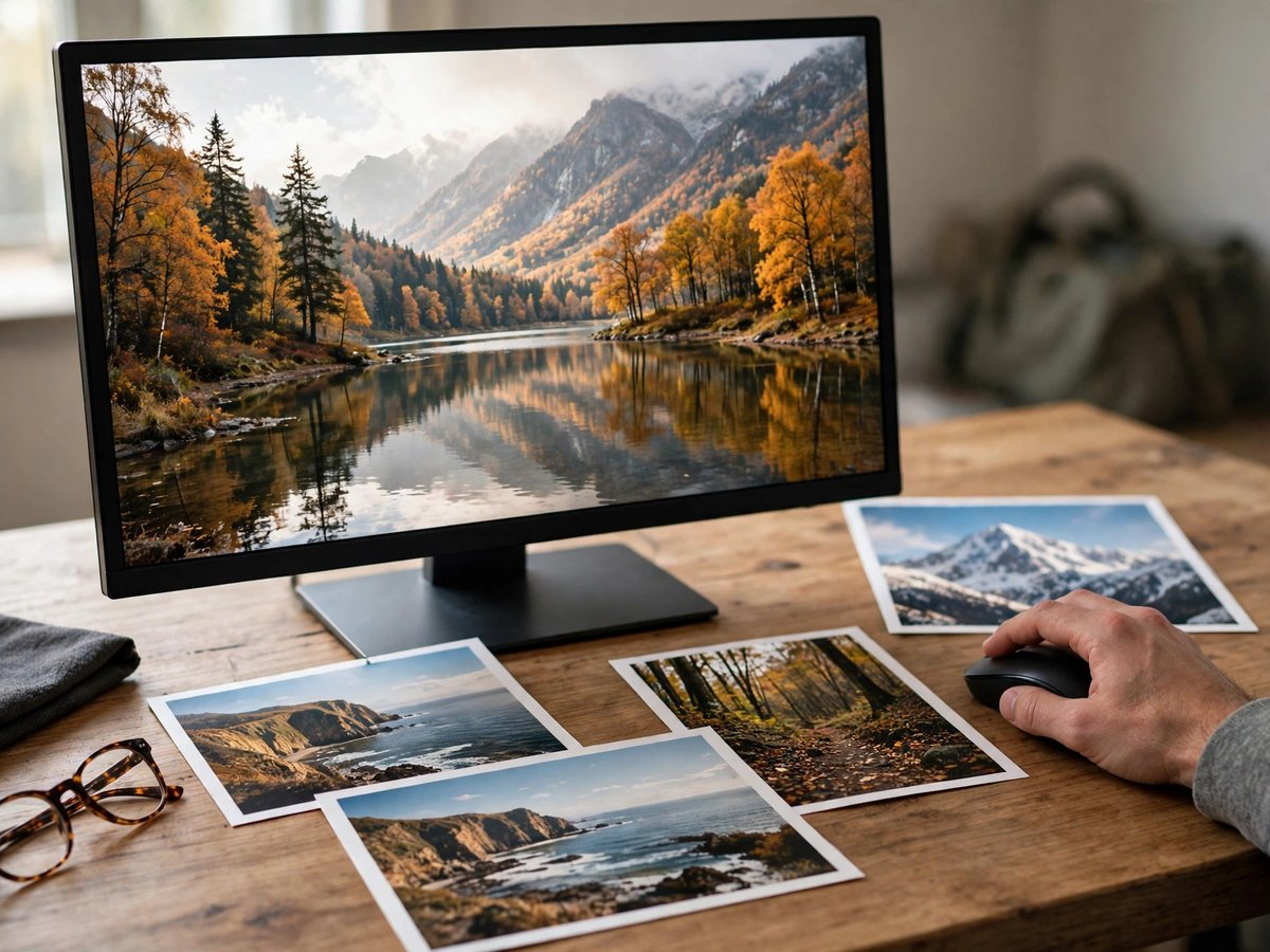 Monitor displaying an autumn lake photograph, with a hand on a mouse and printed landscape photos spread on the desk