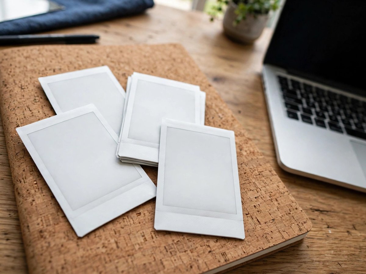Instant photo prints resting on a cork notebook beside a laptop on a wooden desk