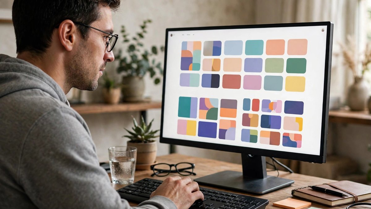 Man at a wooden desk looking at a desktop monitor filled with colorful abstract image tiles